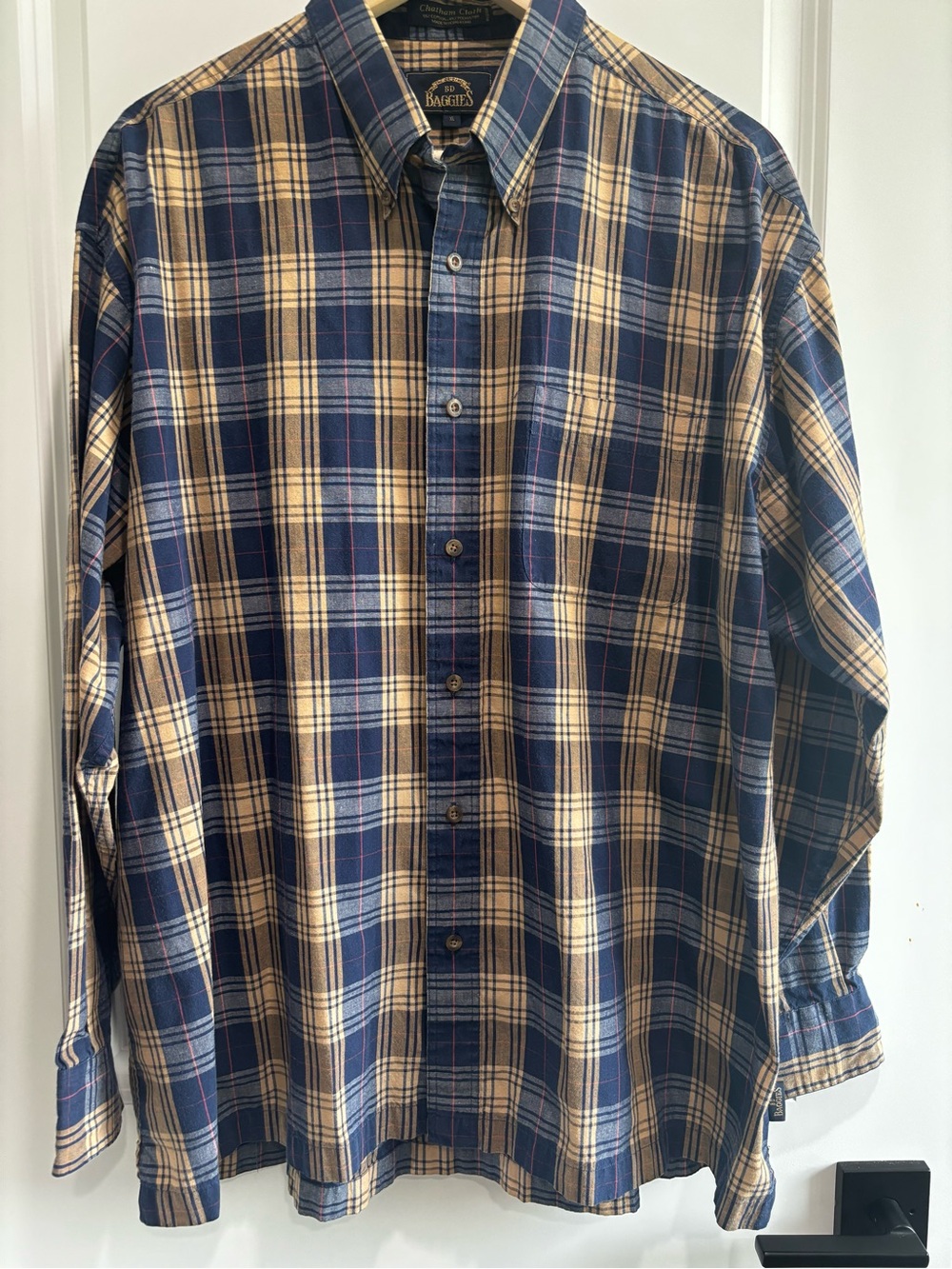 90’s BD Baggies Navy and Tan Plaid Button-Down Shirt